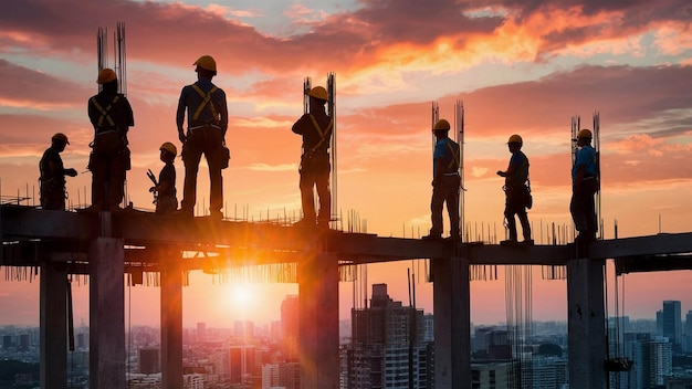 Trabajadores de la construcción al atardecer