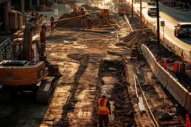 Trabajadores de la construcción de alta visibilidad en el sitio de construcción de carreteras industriales