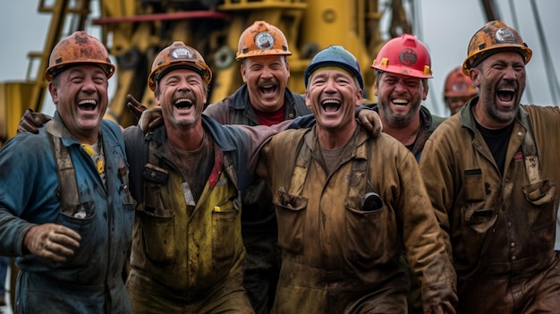 Trabajadores de la construcción calificados y alegres, listos para un duro día de trabajo. Momento feliz y exitoso.