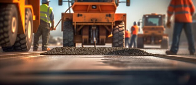 Foto los trabajadores de la construcción de carreteras están trabajando en el asfalto de la carretera