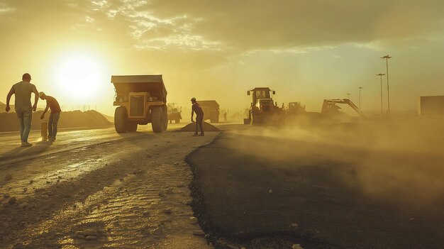 Trabajadores de la construcción de carreteras que colaboran en la colocación de asfalto ejemplifican el trabajo en equipo y D