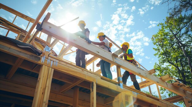 Trabajadores de la construcción en una casa nueva enmarcando el techo