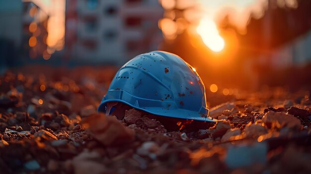 Trabajadores de la construcción con casco azul en el suelo en un sitio de construcción con destello de luz solar naranja Concepto Trabajador de la construcción Con casco duro en el sitio de construcción Estallido de luz solar Estallido naranja