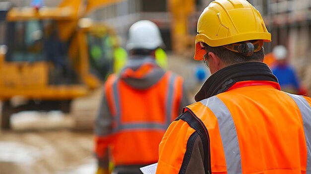 Trabajadores de la construcción con cascos y chalecos de seguridad en un sitio de construcción