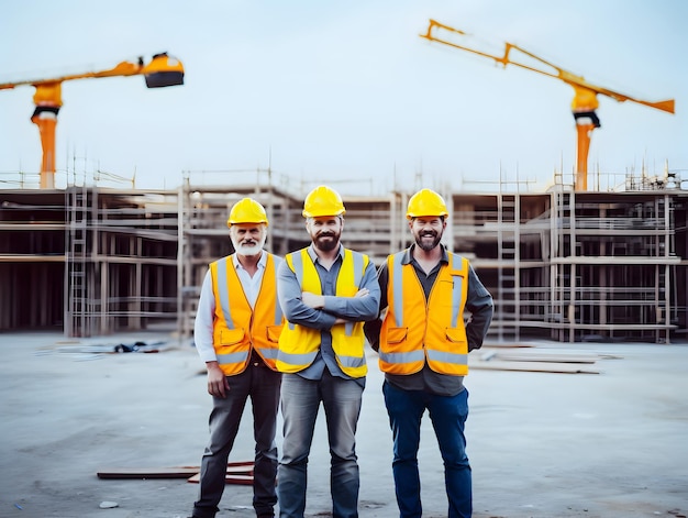 Trabajadores de la construcción caucásicos de pie con los brazos plegados con chalecos de seguridad y cascos