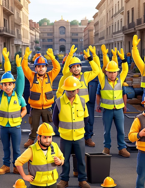 Los trabajadores de la construcción en chalecos amarillos y chalecos levantan las manos en el aire