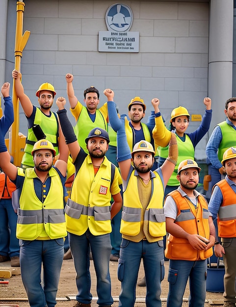 Los trabajadores de la construcción en chalecos amarillos y chalecos levantan las manos en el aire