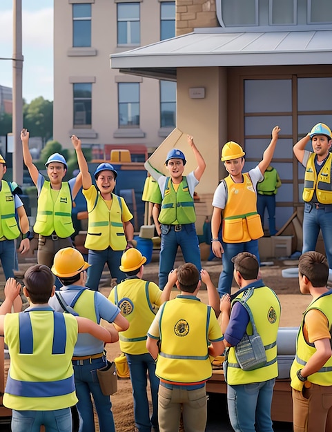 Los trabajadores de la construcción en chalecos amarillos y chalecos levantan las manos en el aire