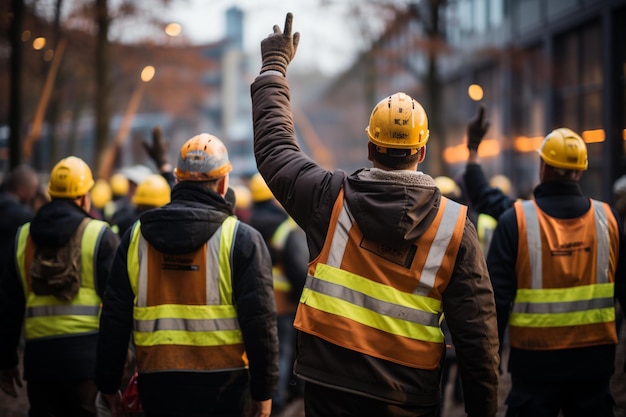 Trabajadores de la construcción con chalecos amarillos y naranjas levantan la mano en el aire