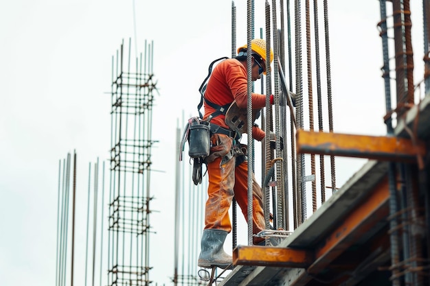 trabajadores de la construcción chequeando la barra de acero en el sitio de construcción