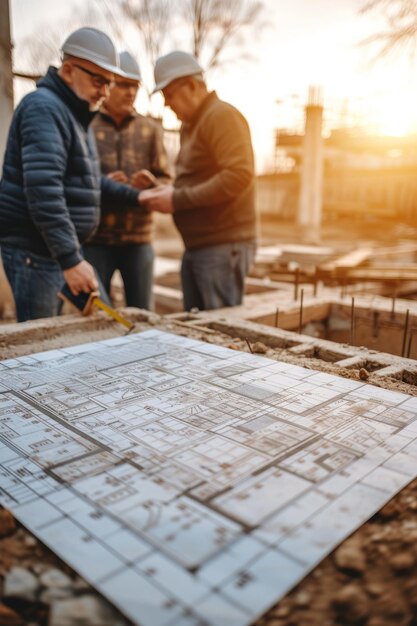 Foto trabajadores de la construcción discutiendo planes de construcción en un sitio de construcción