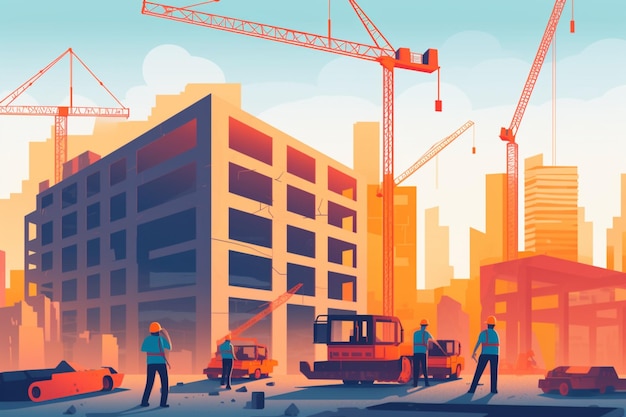 Los trabajadores de la construcción están parados frente a un edificio en construcción ai generativo