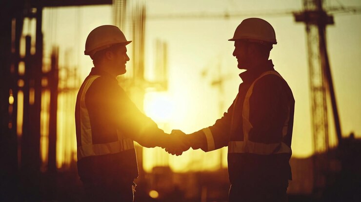Trabajadores de la construcción estrechando la mano al atardecer en un sitio de construcción