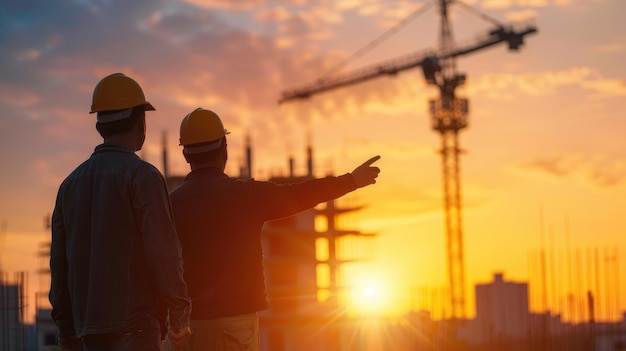 Los trabajadores de la construcción examinan el diseño del edificio