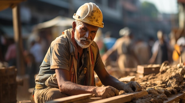 Trabajadores de la construcción indios o trabajadores que miran la cámara usan casco de seguridad