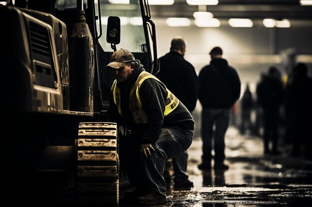 Foto trabajadores de la construcción inspeccionan una cargadora de vía antes de comenzar el trabajo