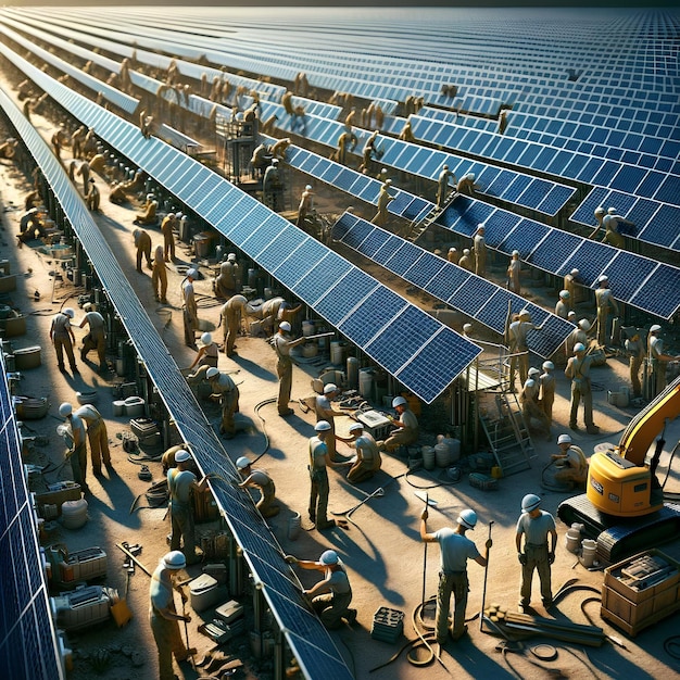 Trabajadores de la construcción instalando una granja solar a gran escala