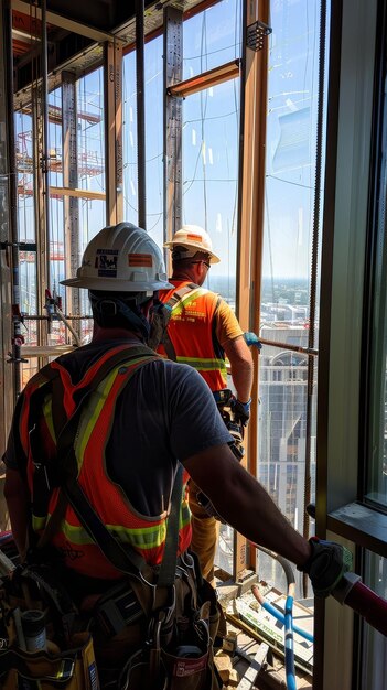 Foto trabajadores de la construcción mirando el horizonte de una ciudad