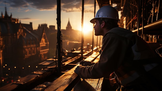 trabajadores de la construcción por la noche en el fondo de una puesta de sol