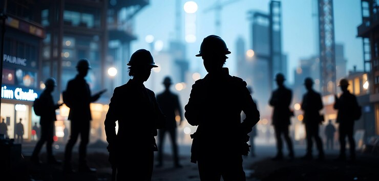 Trabajadores de la construcción de noche
