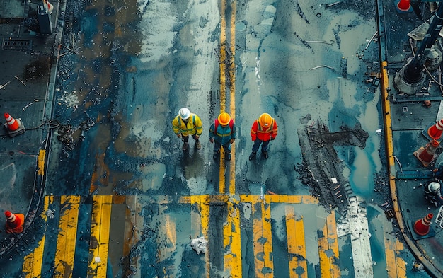 Trabajadores de la construcción de pie en la carretera