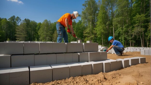 Trabajadores de la construcción que colocan bloques de construcción