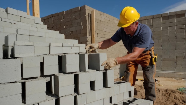 Trabajadores de la construcción que colocan bloques de construcción