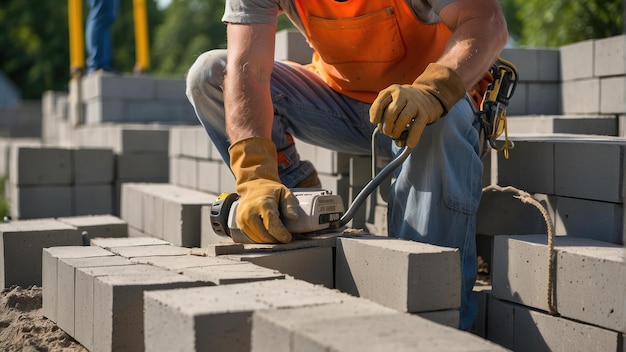 Trabajadores de la construcción que colocan bloques de construcción