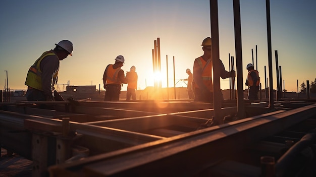 Trabajadores de la construcción que levantan vigas de acero en un lugar de trabajo