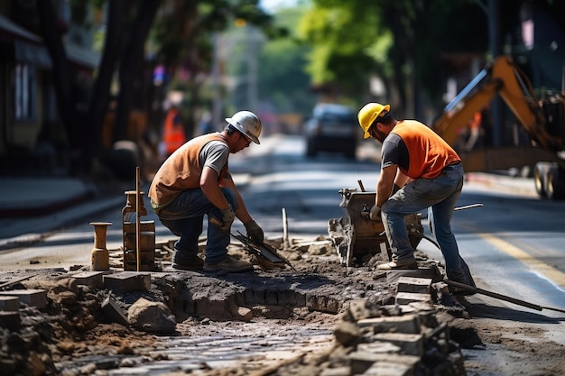 Trabajadores de la construcción que operan cerca de una señal de tráfico en medio del mantenimiento de calles Ai generativo