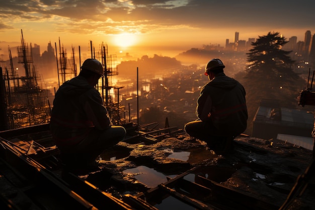 Trabajadores de la construcción sentados en el techo en el sitio de construcción IA generativa