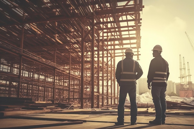 Trabajadores de la construcción en el sitio de construcción al aire libre trabajan usando cascos de seguridad amarillos IA generativa