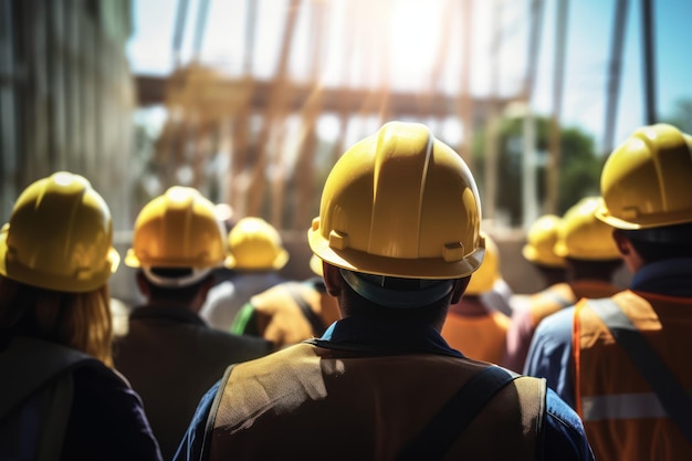 Trabajadores de la construcción en el sitio de construcción al aire libre trabajan usando cascos de seguridad amarillos IA generativa