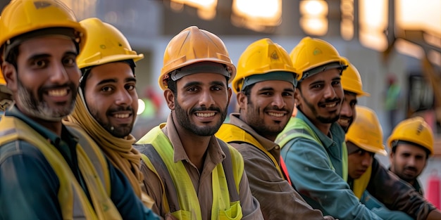 Foto trabajadores de la construcción sonrientes posando para la cámara generativa ai