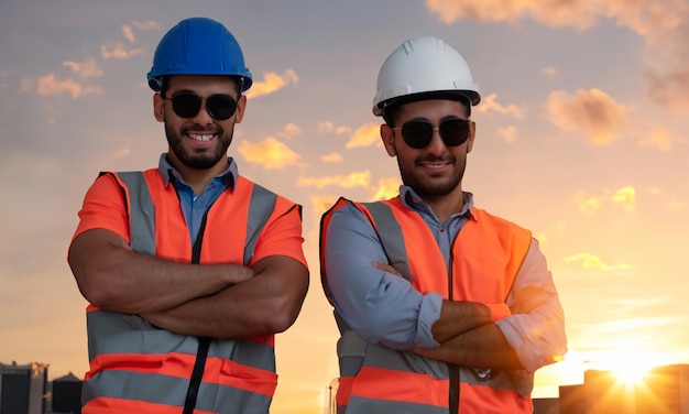 Foto trabajadores de la construcción por la tarde