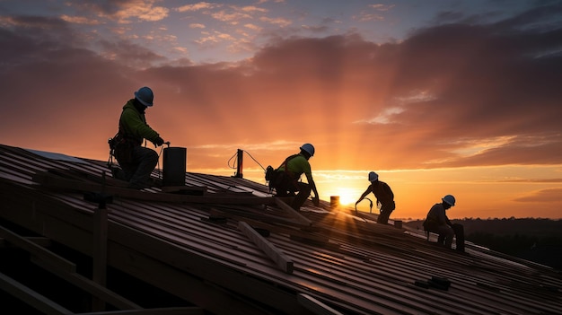 Trabajadores de la construcción trabajando en el techo