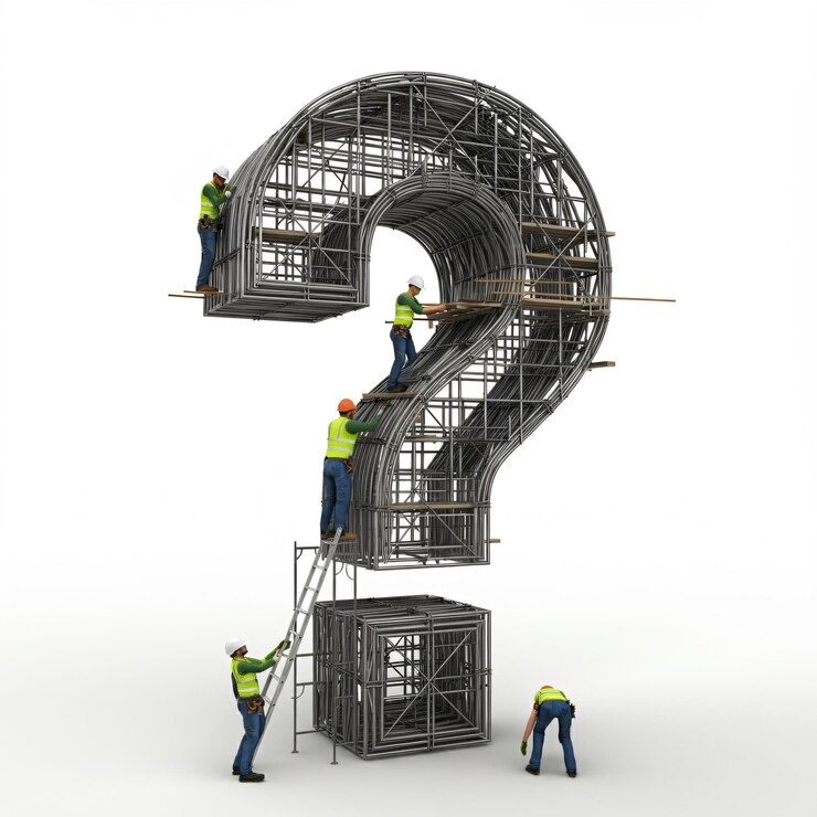 Trabajadores construyendo un gran signo de interrogación metálico