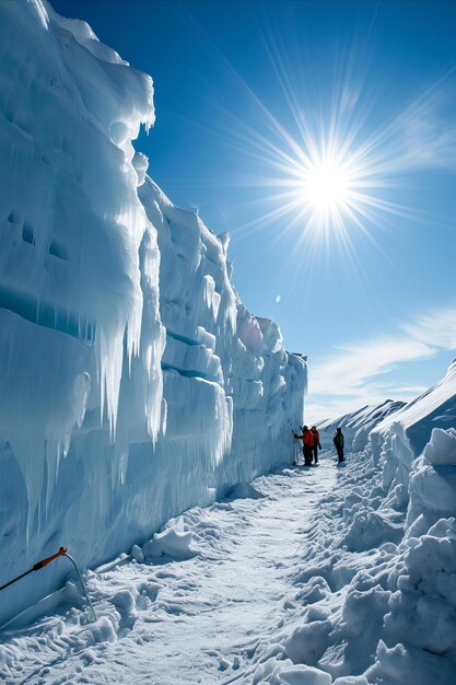 Trabajadores construyendo un hotel de hielo en un soleado día de invierno