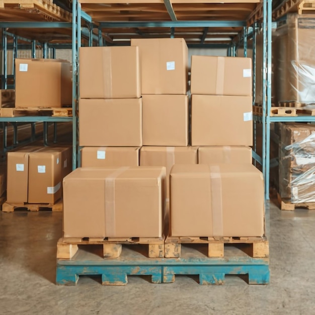 Trabajadores descargando cajas de embalaje en paletas en un almacén de IA generativa