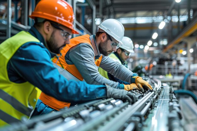 Trabajadores de dos compañías diferentes con equipo de seguridad trabajan juntos en una máquina compleja