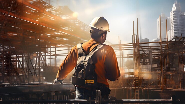 trabajadores con edificios inacabados en el fondo