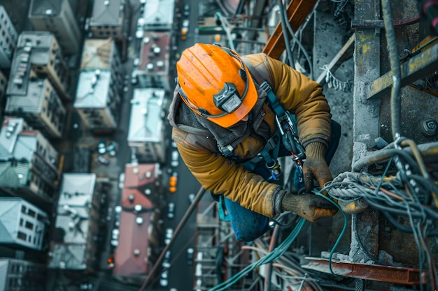 Foto trabajadores eléctricos de alto vuelo vista de arriba hacia abajo de las reparaciones del sistema