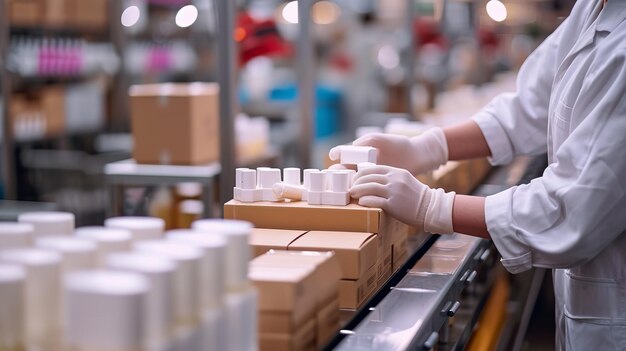 Foto trabajadores empaquetando cuidadosamente cosméticos en cintas transportadoras en cajas con espacio ia generativa