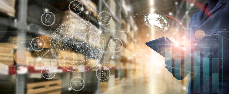 Trabajadores de empresas que usan carga de tableta digital y seguimiento de entrega para transporte
