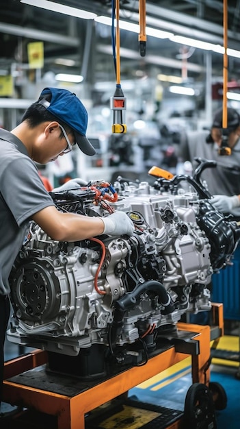 trabajadores ensambla coches motor en la línea de ensamblaje de automóviles planta de producción de catering tanto para el