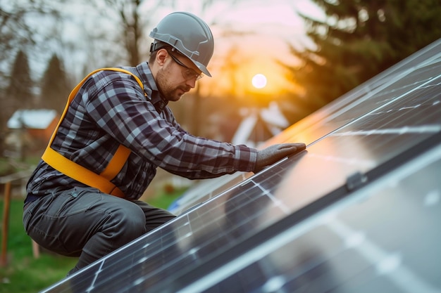 Los trabajadores ensamblan el sistema de paneles solares de energía para la electricidad