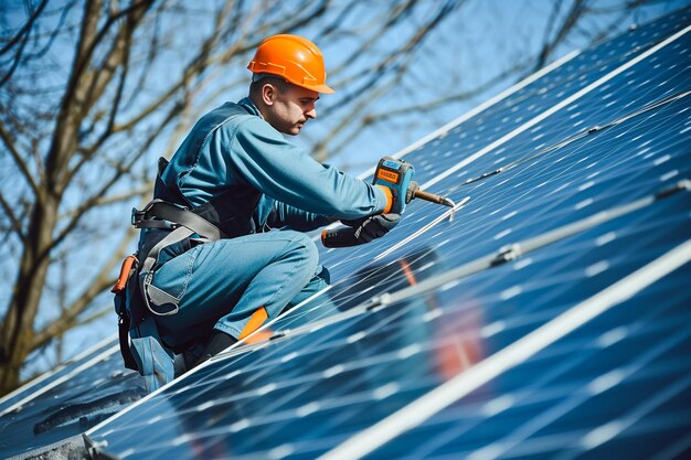 Los trabajadores ensamblan el sistema de paneles solares de energía para la electricidad