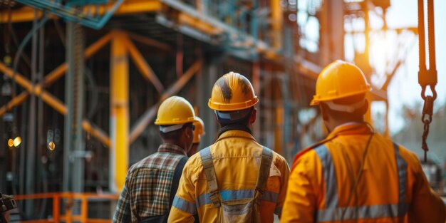 Trabajadores con equipo de seguridad en el telón de fondo de una enorme plataforma petrolera en el mar IA generativa