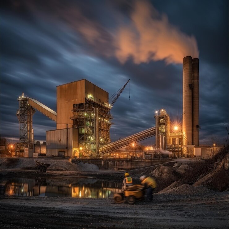 Los trabajadores están ocupados trabajando en las chimeneas y los edificios de la Fábrica de Cemento Huff River fotografía de larga exposición