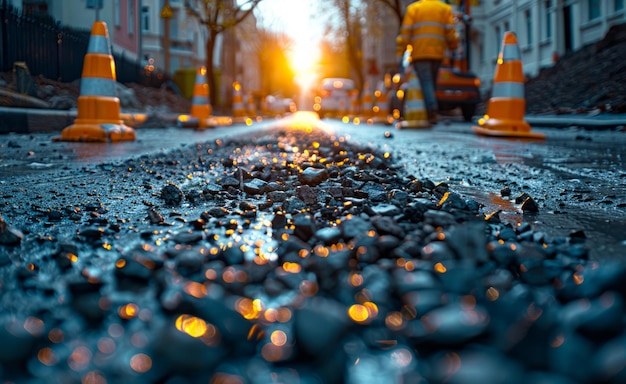 Los trabajadores están reparando la carretera en la ciudad